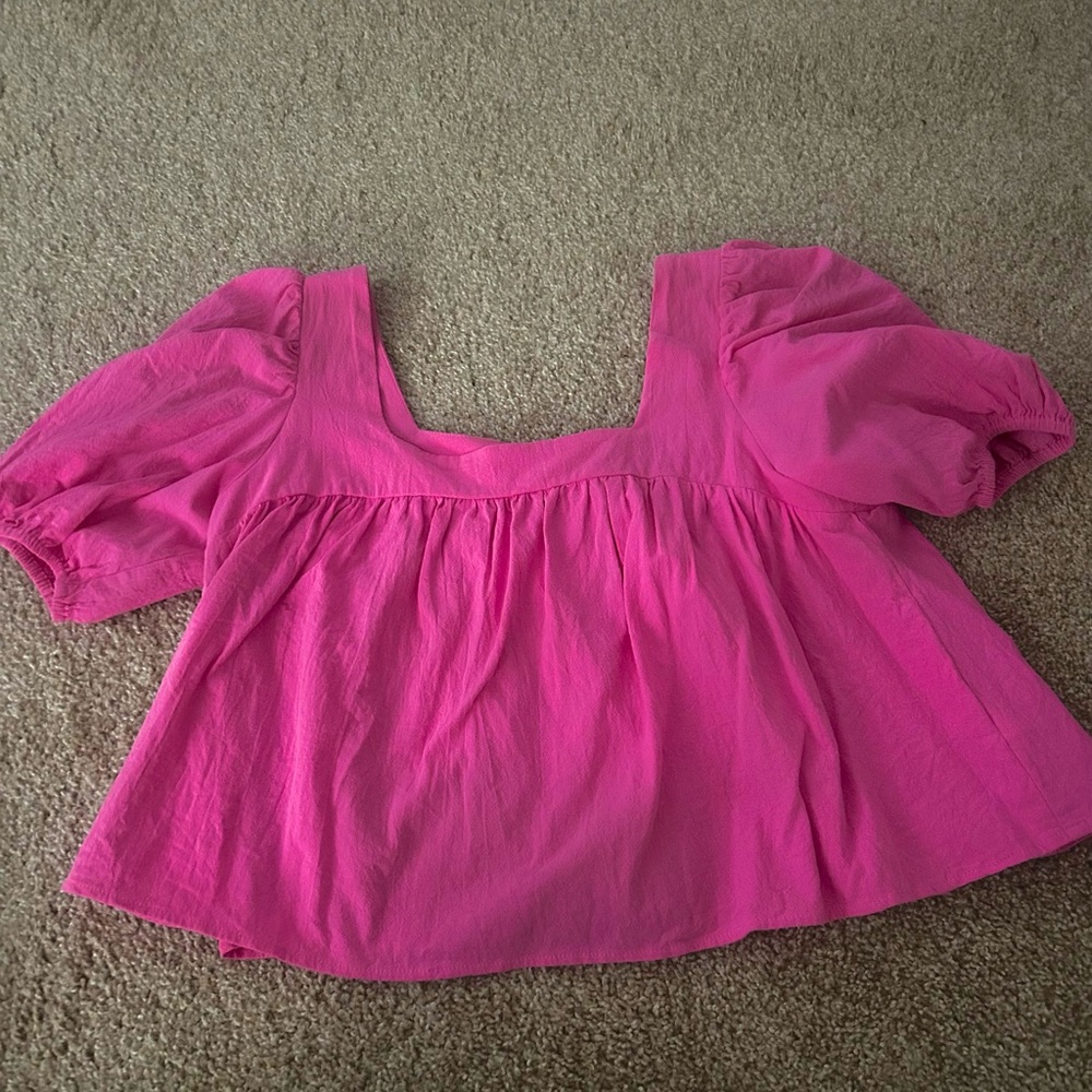 Pink puff sleeve square neck top